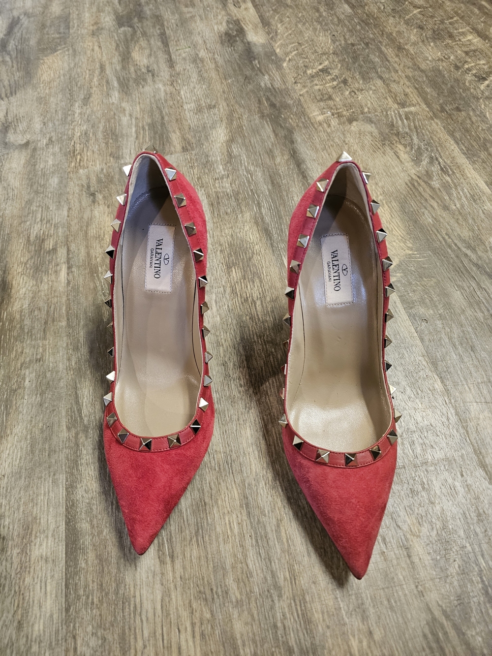 Authentic Never Worn Valentino Red Suede Rockstud Pointed-Toe Pumps